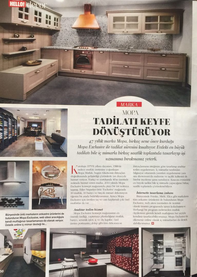 Hello Decor dergi iç sayfası — Mopa Exclusive tanıtımı